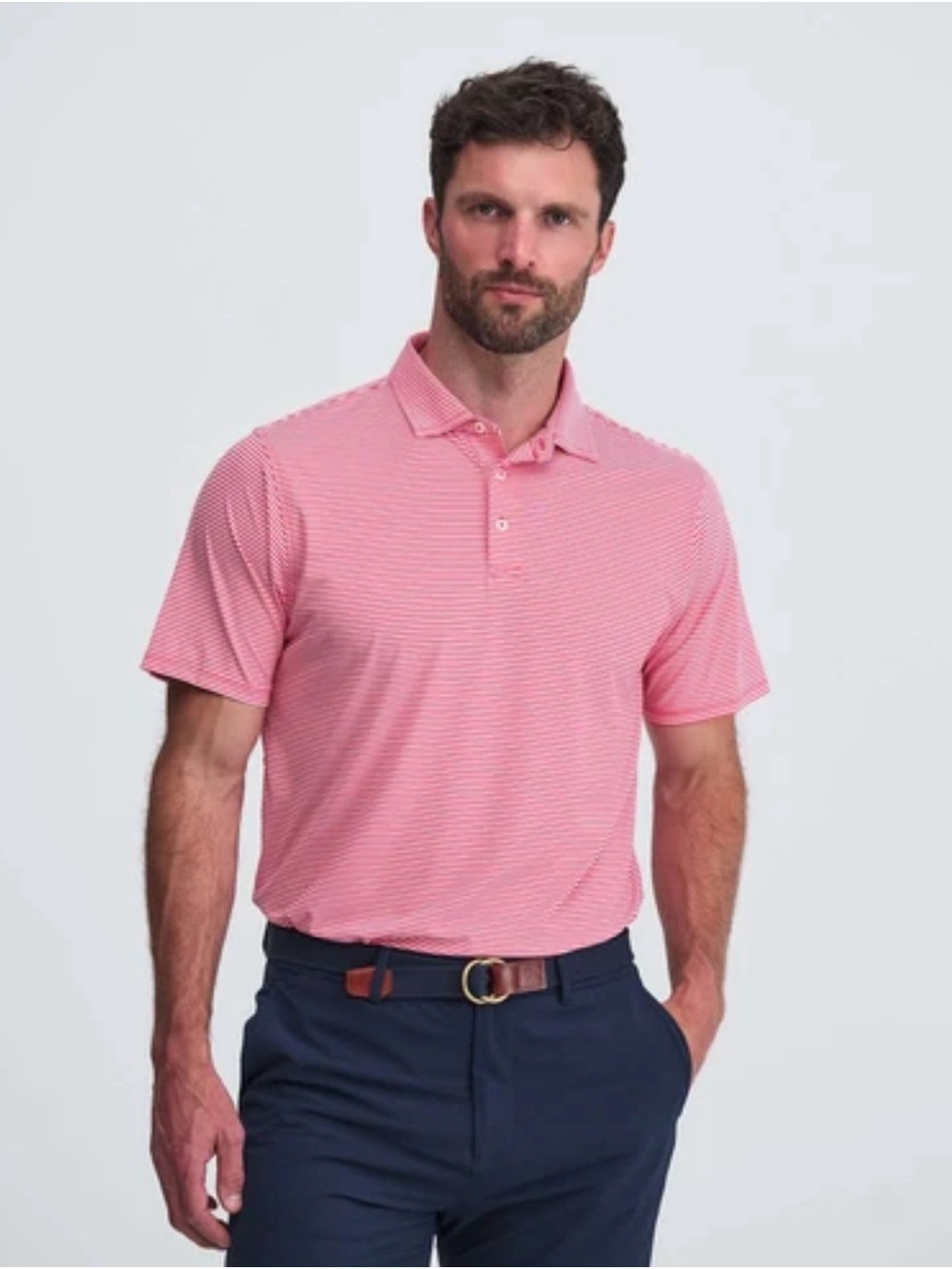 Roundtree & Yorke Pink Striped Performance Polo